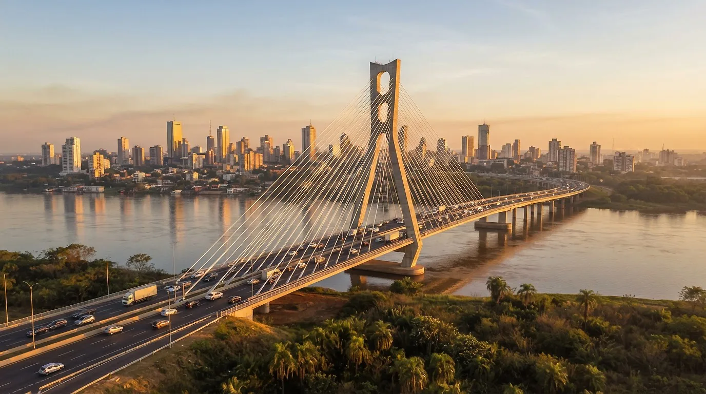 Ponte estaiada sobre o rio com a cidade ao fundo ao pôr do sol